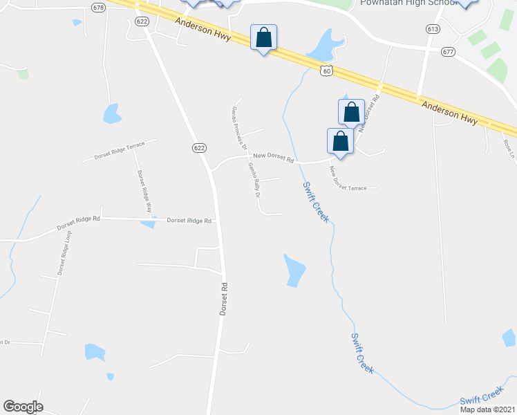map of restaurants, bars, coffee shops, grocery stores, and more near 1731 Genito Rally Drive in Powhatan