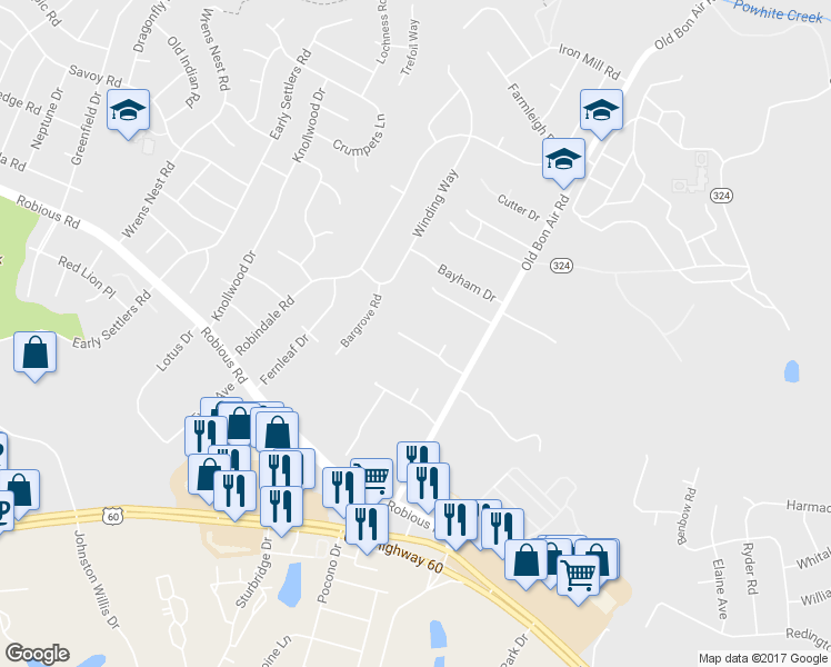 map of restaurants, bars, coffee shops, grocery stores, and more near 10124 Bon Air Crest Drive in Richmond