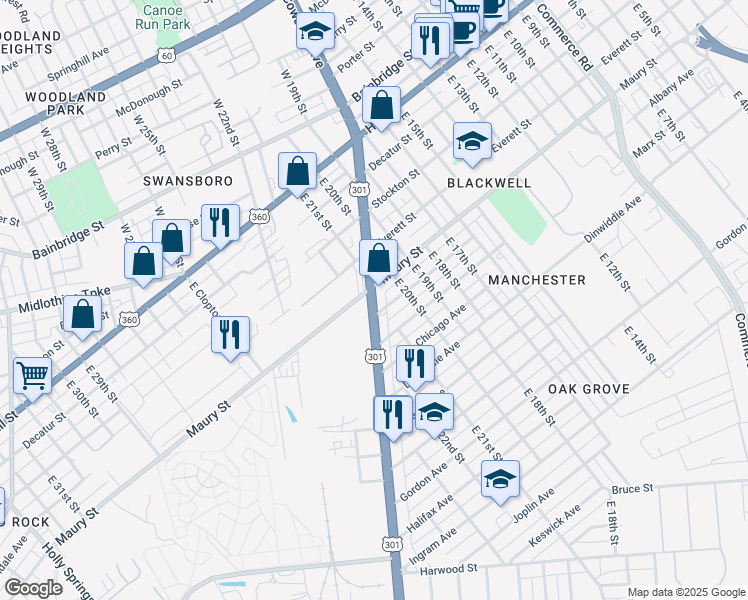 map of restaurants, bars, coffee shops, grocery stores, and more near 405 Jefferson Davis Highway in Richmond