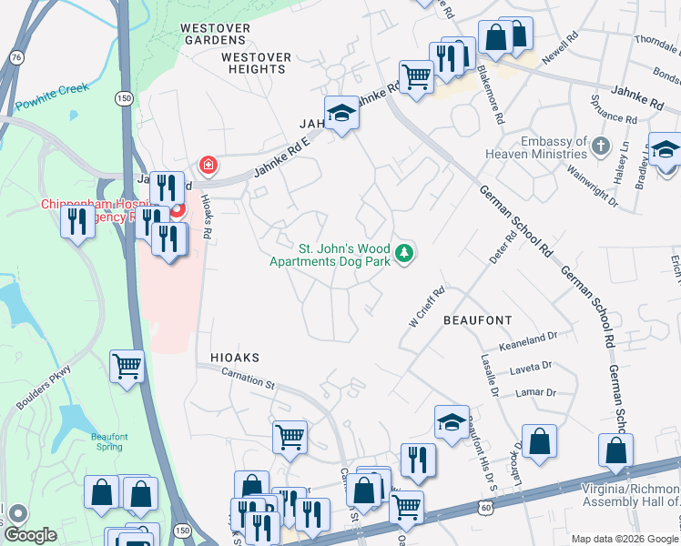 map of restaurants, bars, coffee shops, grocery stores, and more near 700-716 Saint John's Wood Drive in Richmond