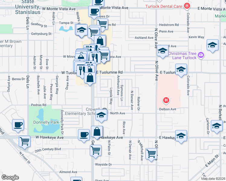 map of restaurants, bars, coffee shops, grocery stores, and more near 2060 Loyola Way in Turlock