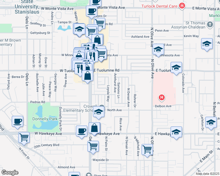 map of restaurants, bars, coffee shops, grocery stores, and more near 2060 Loyola Way in Turlock