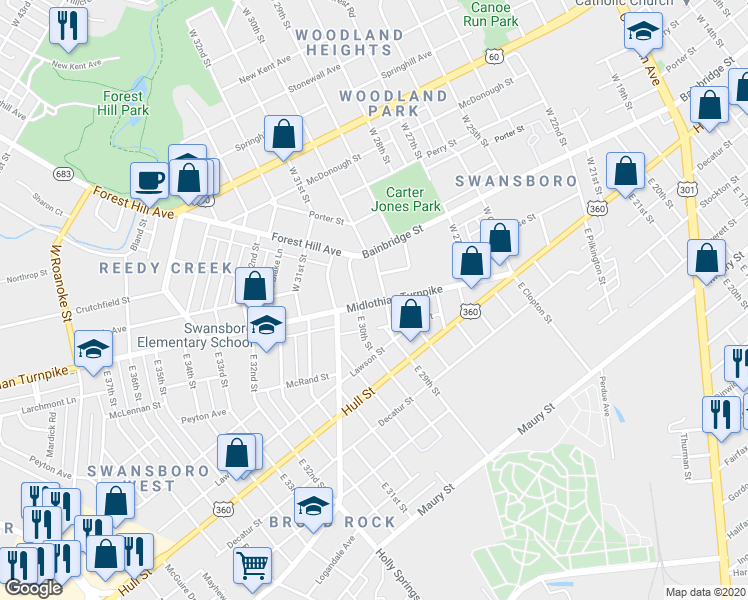 map of restaurants, bars, coffee shops, grocery stores, and more near 2905 Midlothian Turnpike in Richmond