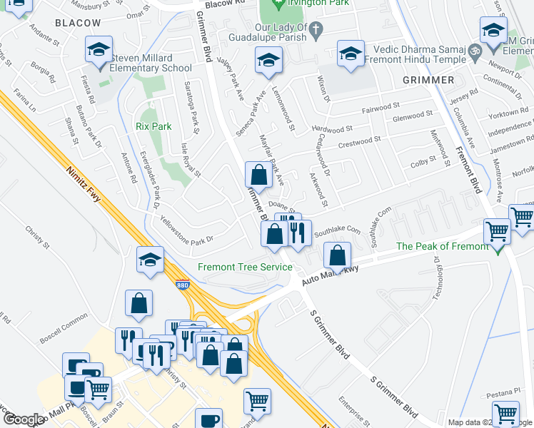 map of restaurants, bars, coffee shops, grocery stores, and more near 43308 Grimmer Boulevard in Fremont