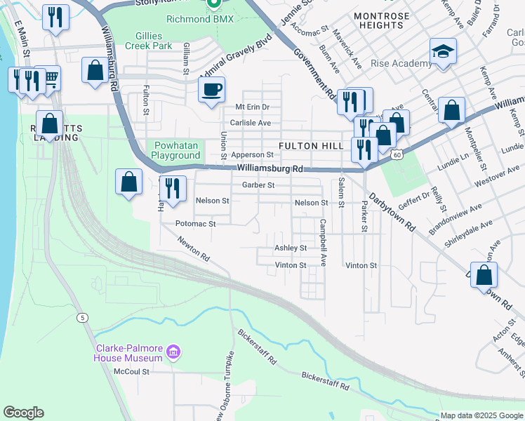 map of restaurants, bars, coffee shops, grocery stores, and more near 1267 Nelson Street in Richmond