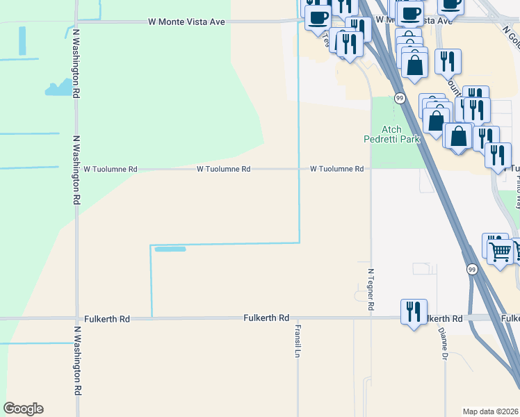 map of restaurants, bars, coffee shops, grocery stores, and more near 3718 West Tuolumne Road in Turlock