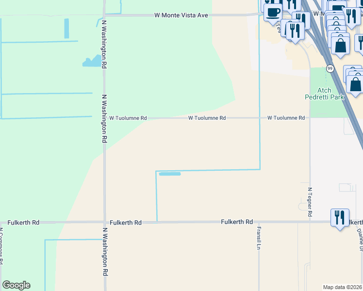 map of restaurants, bars, coffee shops, grocery stores, and more near 4012 West Tuolumne Road in Turlock