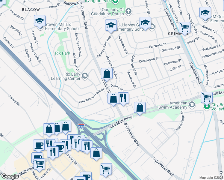 map of restaurants, bars, coffee shops, grocery stores, and more near 43363 Castle Park Court in Fremont