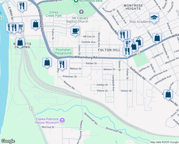 map of restaurants, bars, coffee shops, grocery stores, and more near 1257 Nelson Street in Richmond