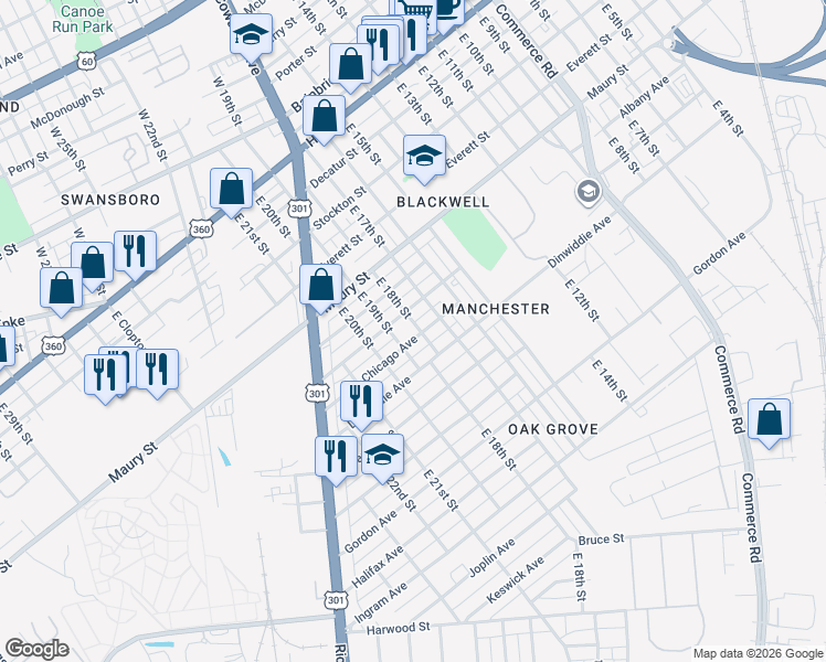 map of restaurants, bars, coffee shops, grocery stores, and more near 1801 Dinwiddie Avenue in Richmond