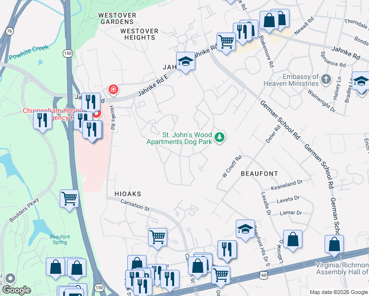 map of restaurants, bars, coffee shops, grocery stores, and more near 700-716 Saint John's Wood Drive in Richmond