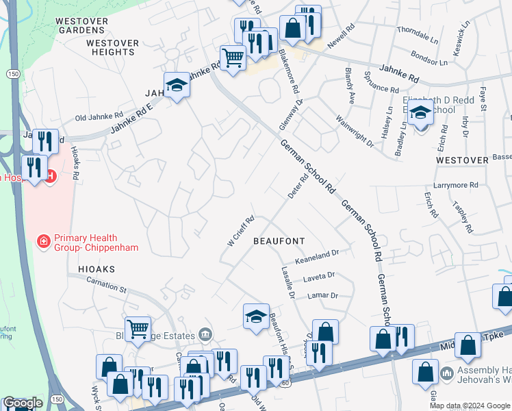 map of restaurants, bars, coffee shops, grocery stores, and more near 707 Edgemont Drive in Richmond