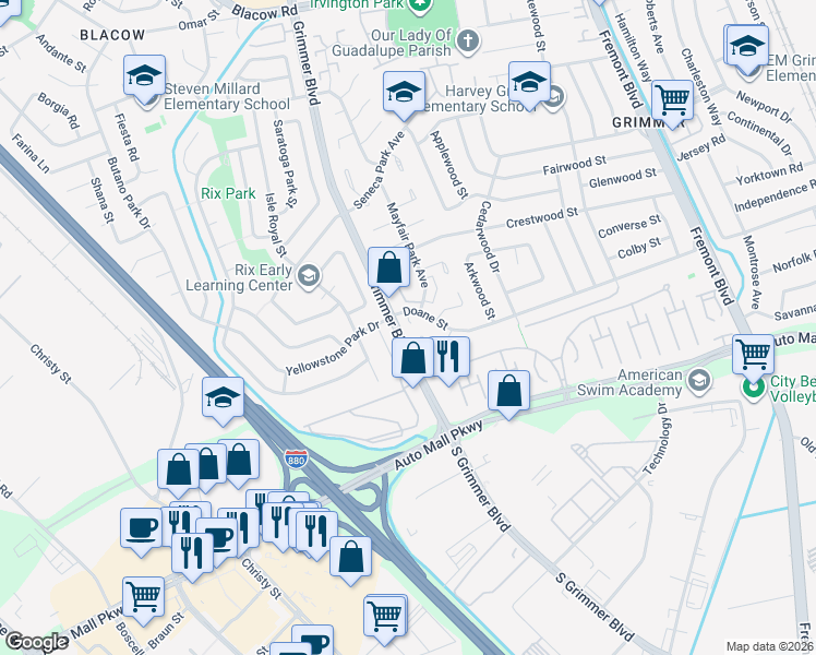 map of restaurants, bars, coffee shops, grocery stores, and more near 43363 Castle Park Court in Fremont