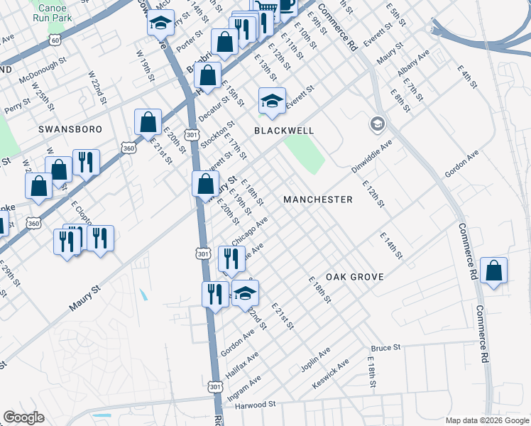 map of restaurants, bars, coffee shops, grocery stores, and more near 1801 Dinwiddie Avenue in Richmond