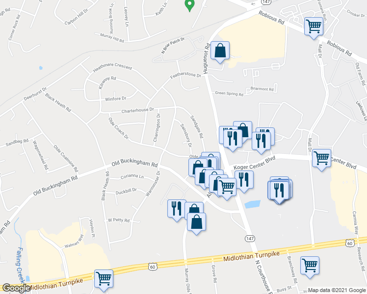 map of restaurants, bars, coffee shops, grocery stores, and more near 11711 Sainsbury Court in Midlothian