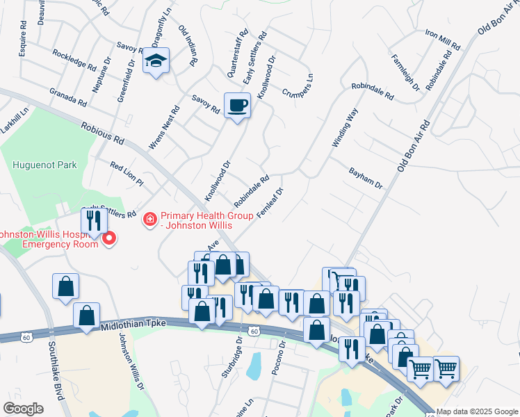 map of restaurants, bars, coffee shops, grocery stores, and more near 1330 Fernleaf Drive in Bon Air