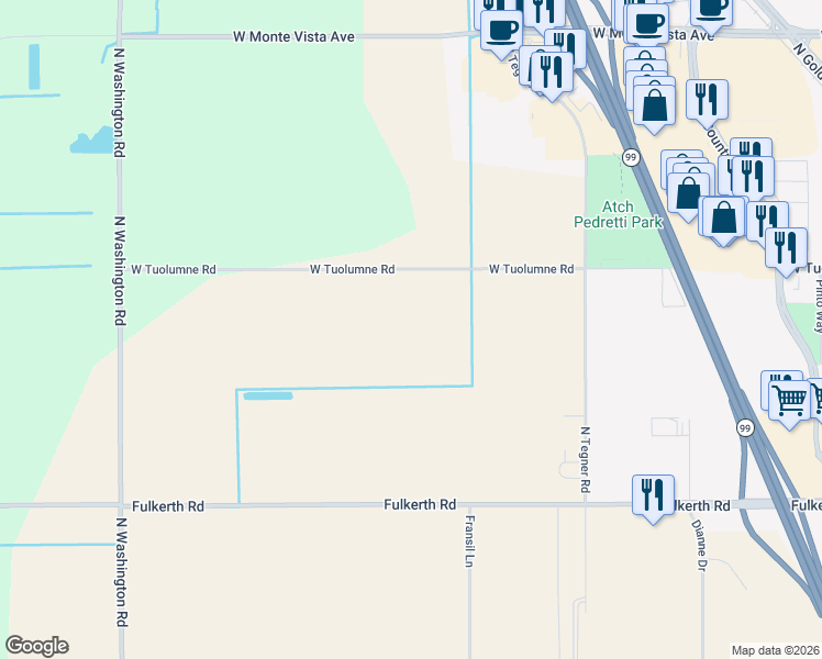 map of restaurants, bars, coffee shops, grocery stores, and more near 3718 West Tuolumne Road in Turlock