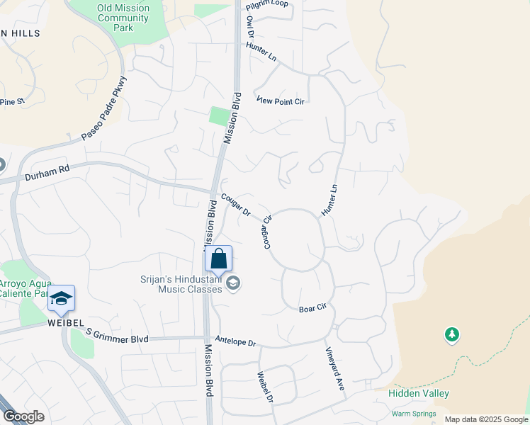 map of restaurants, bars, coffee shops, grocery stores, and more near 44928 Cougar Circle in Fremont