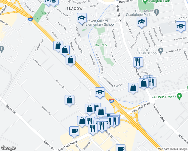 map of restaurants, bars, coffee shops, grocery stores, and more near 5805 Butano Park Drive in Fremont