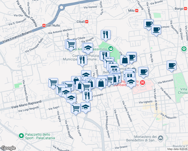map of restaurants, bars, coffee shops, grocery stores, and more near 55 Via Cardì in Catania