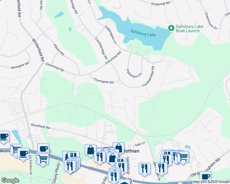 map of restaurants, bars, coffee shops, grocery stores, and more near 13604 Danbury Drive in Midlothian
