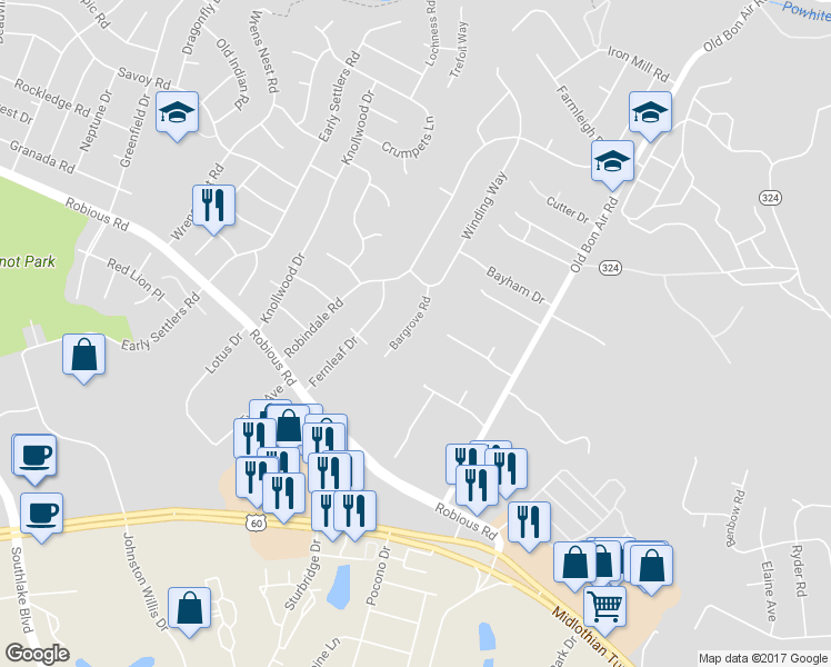map of restaurants, bars, coffee shops, grocery stores, and more near 1427 Bargrove Road in Richmond