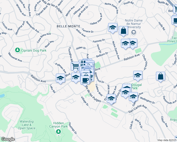 map of restaurants, bars, coffee shops, grocery stores, and more near 2041 Ralston Avenue in Belmont