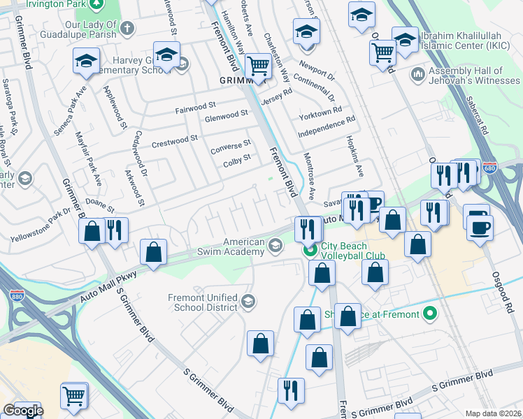 map of restaurants, bars, coffee shops, grocery stores, and more near 294 Winnipeg Terrace in Fremont
