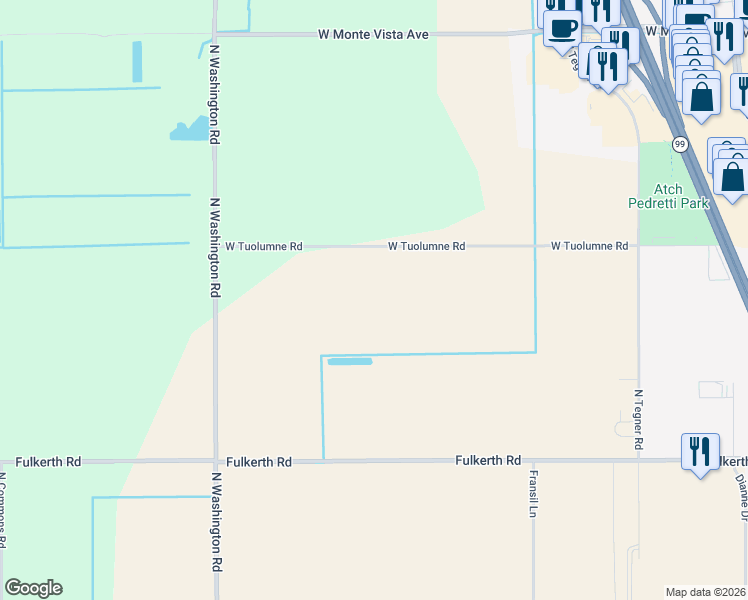 map of restaurants, bars, coffee shops, grocery stores, and more near 4012 West Tuolumne Road in Turlock