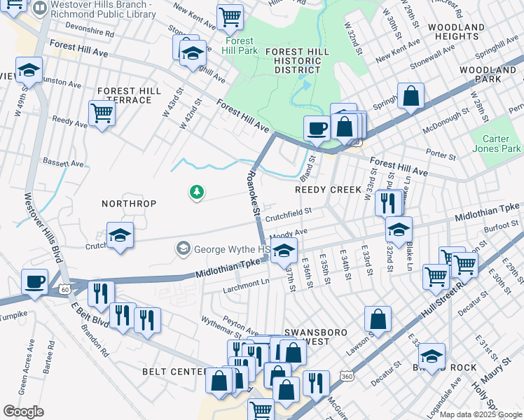map of restaurants, bars, coffee shops, grocery stores, and more near 205 West Roanoke Street in Richmond