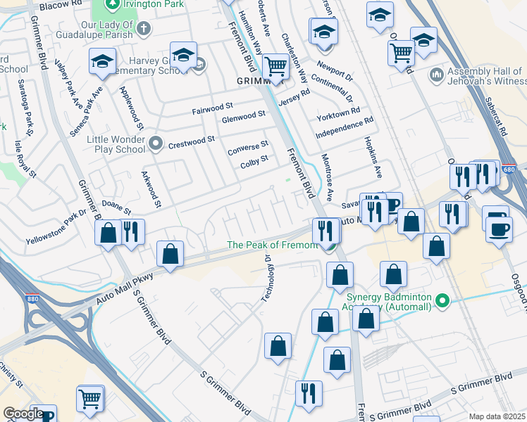 map of restaurants, bars, coffee shops, grocery stores, and more near 261 Manitoba Green in Fremont