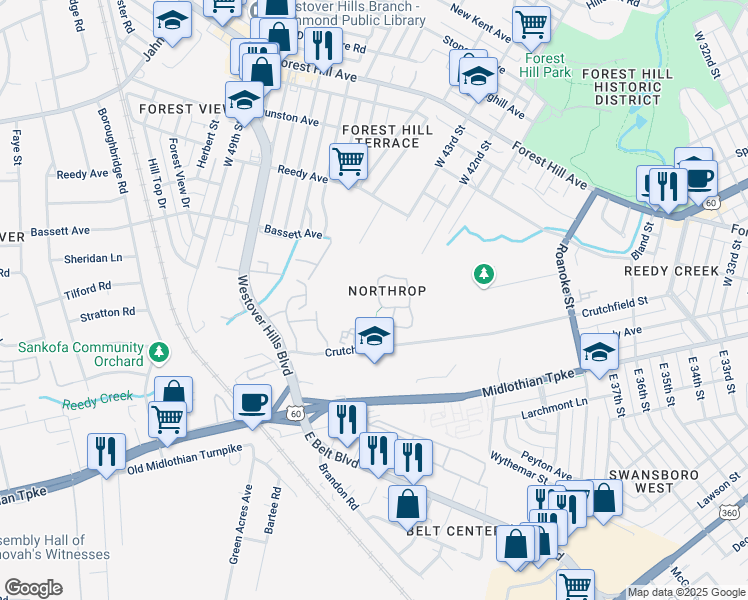 map of restaurants, bars, coffee shops, grocery stores, and more near 389 Norcroft Circle in Richmond