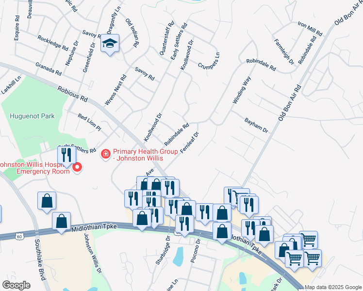 map of restaurants, bars, coffee shops, grocery stores, and more near 1330 Fernleaf Drive in Bon Air
