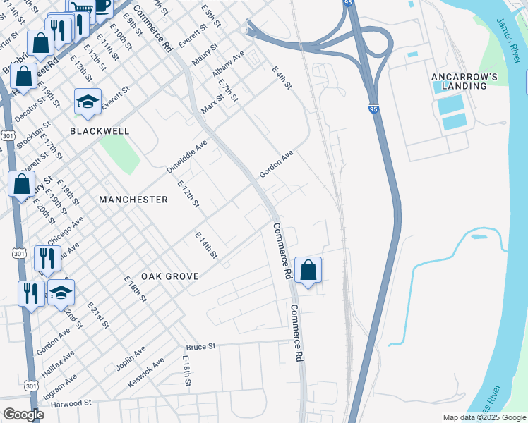 map of restaurants, bars, coffee shops, grocery stores, and more near 1100 Ingram Avenue in Richmond