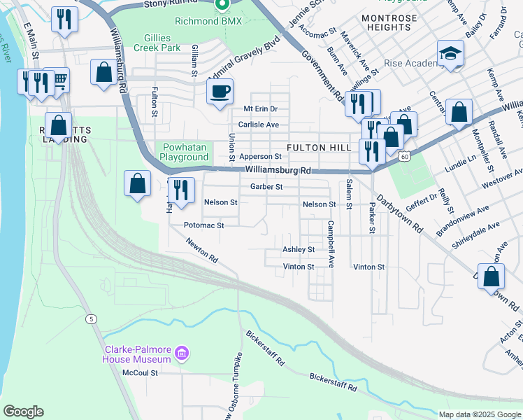 map of restaurants, bars, coffee shops, grocery stores, and more near 1209 Nelson Street in Richmond