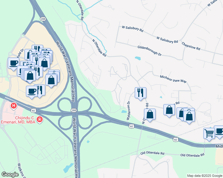 map of restaurants, bars, coffee shops, grocery stores, and more near 300 Lancaster Gate Drive in Midlothian