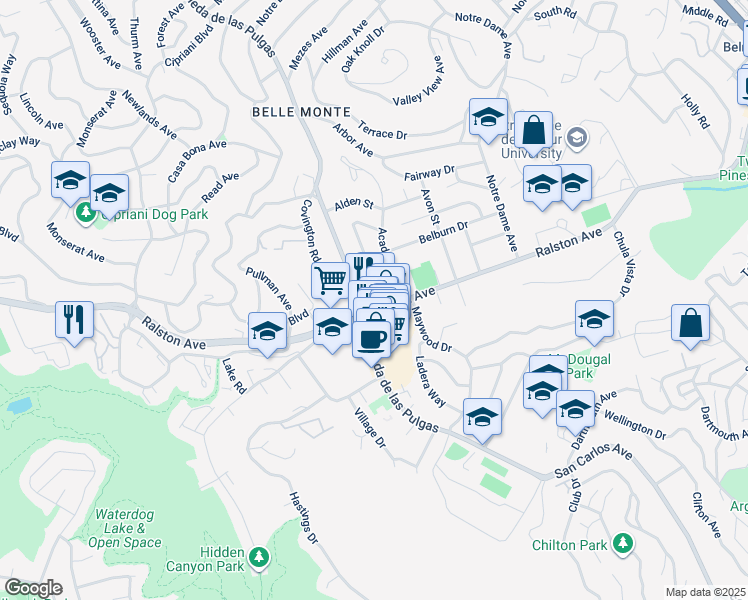 map of restaurants, bars, coffee shops, grocery stores, and more near 2041 Ralston Avenue in Belmont