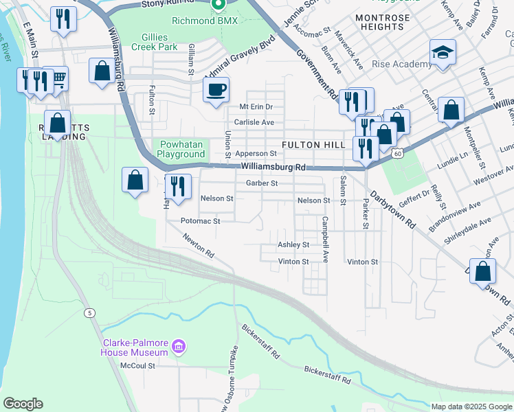 map of restaurants, bars, coffee shops, grocery stores, and more near 1257 Nelson Street in Richmond