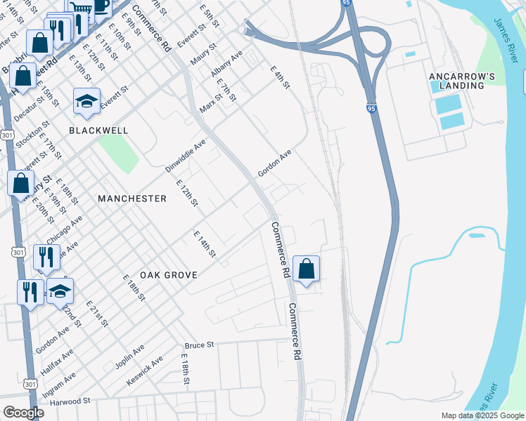 map of restaurants, bars, coffee shops, grocery stores, and more near 1100 Ingram Avenue in Richmond