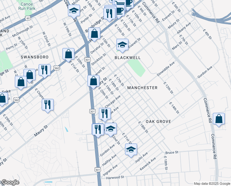 map of restaurants, bars, coffee shops, grocery stores, and more near 1905 Chicago Avenue in Richmond