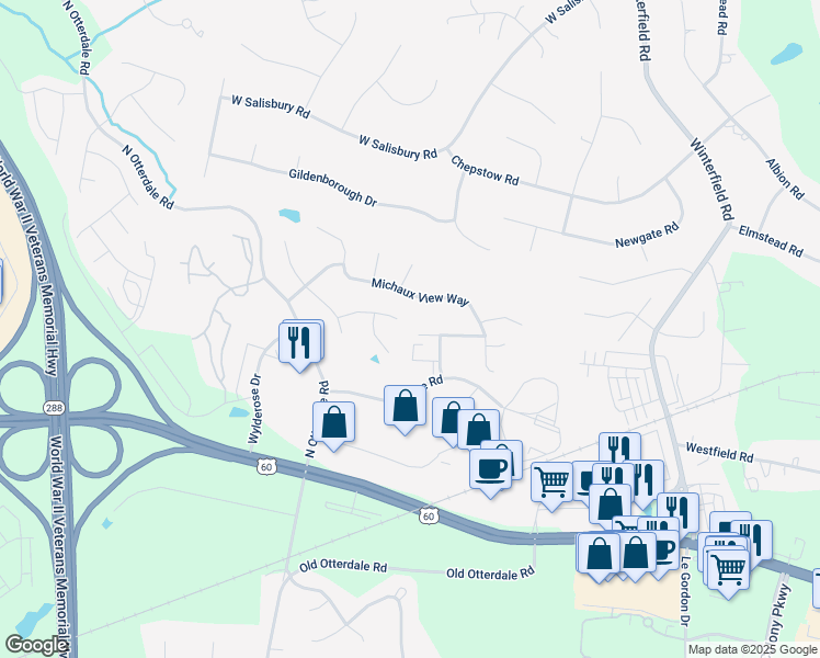 map of restaurants, bars, coffee shops, grocery stores, and more near 14301 Michaux Wood Way in Midlothian