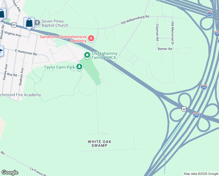 map of restaurants, bars, coffee shops, grocery stores, and more near 300 Whiteside Road in Sandston