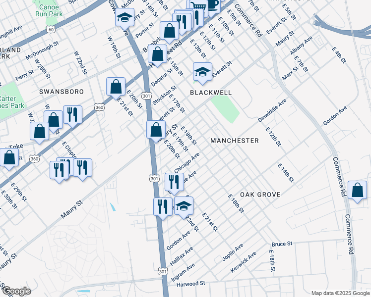 map of restaurants, bars, coffee shops, grocery stores, and more near 1899 Boston Avenue in Richmond