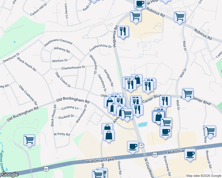 map of restaurants, bars, coffee shops, grocery stores, and more near 1501 Sandgate Road in Midlothian