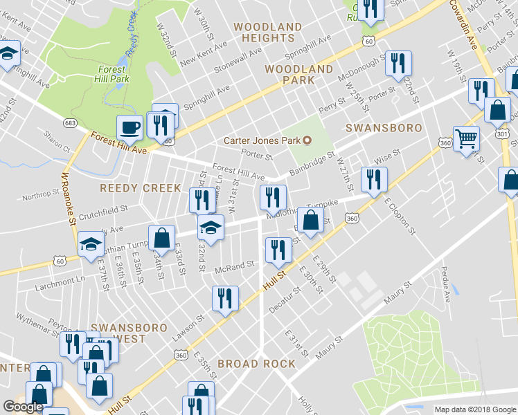 map of restaurants, bars, coffee shops, grocery stores, and more near 5 West Broad Rock Road in Richmond