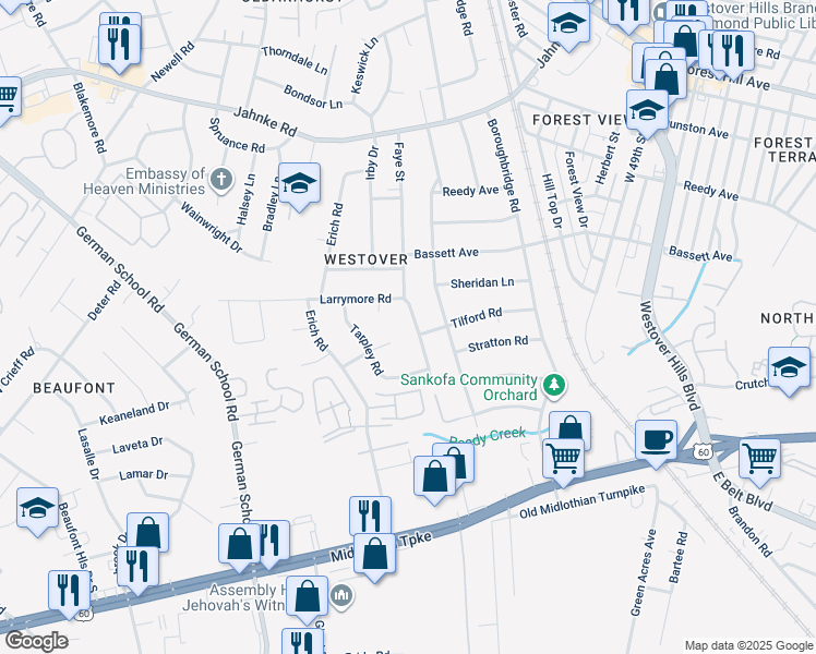 map of restaurants, bars, coffee shops, grocery stores, and more near 600 Faye Street in Richmond