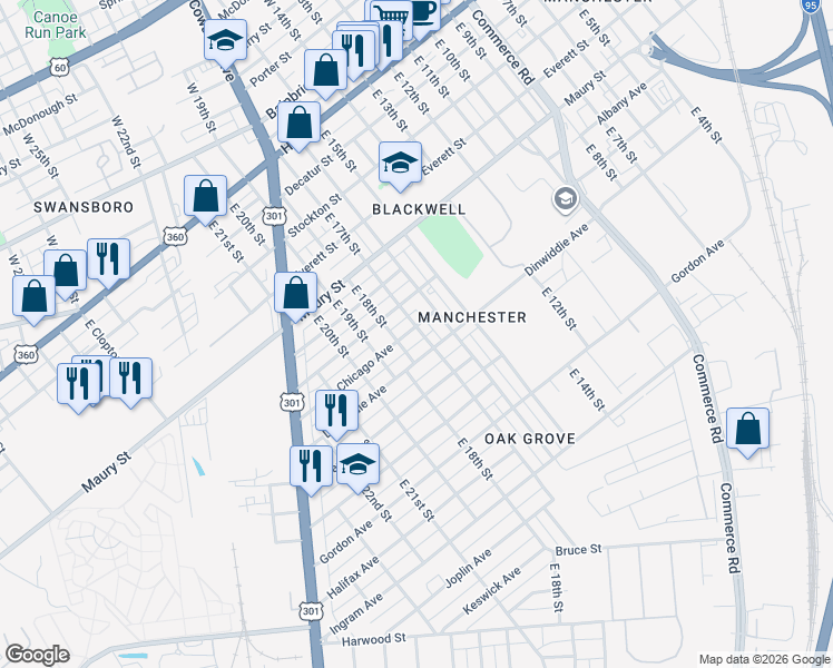 map of restaurants, bars, coffee shops, grocery stores, and more near 1700 Boston Avenue in Richmond