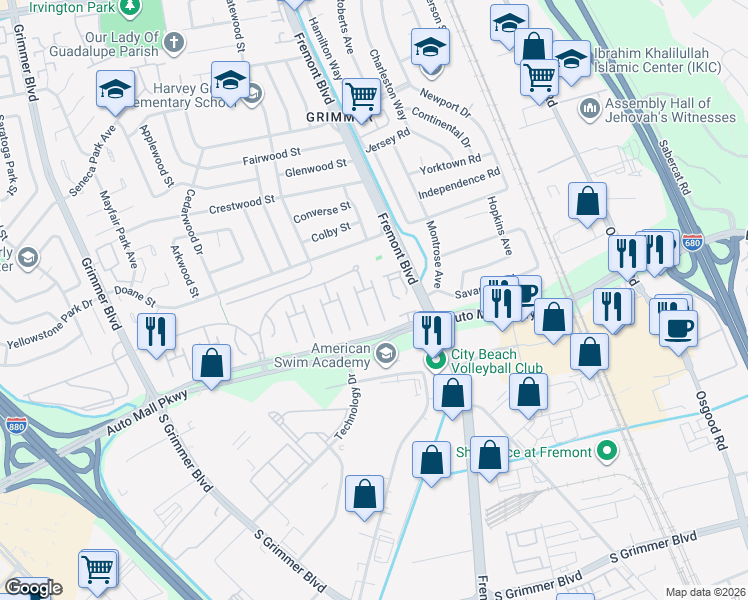 map of restaurants, bars, coffee shops, grocery stores, and more near 328 Winnipeg Green in Fremont
