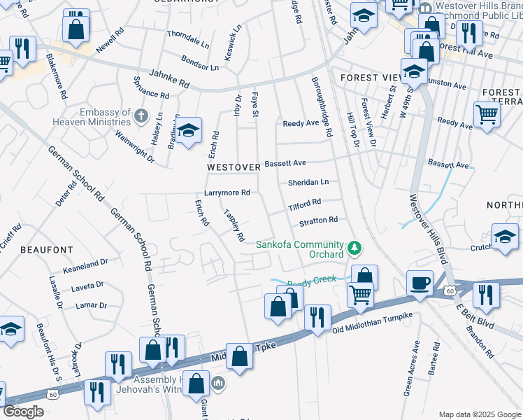 map of restaurants, bars, coffee shops, grocery stores, and more near 600 Faye Street in Richmond