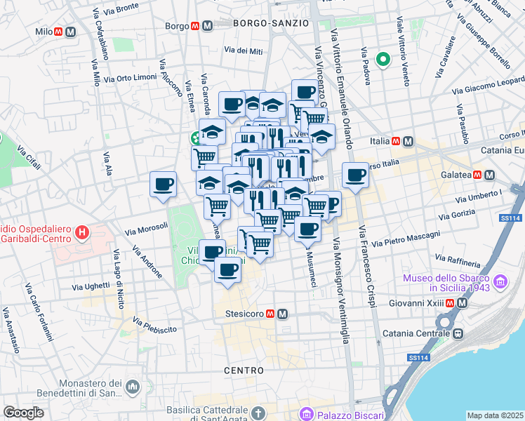 map of restaurants, bars, coffee shops, grocery stores, and more near 30 Via Pietro Toselli in Catania